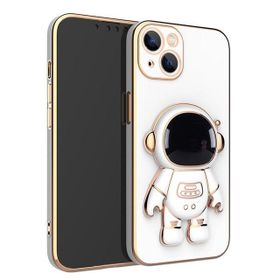 Gpack Apple iPhone 13 Kamera Korumalı Astronot Desenli Standlı Silikon Beyaz Kılıf