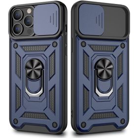 Gpack Apple iPhone 13 Pro Sert Silikon Tank Aramid Sürgülü Vega Yüzüklü Lacivert Kılıf