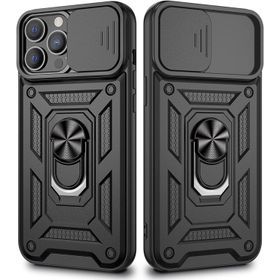 Gpack Apple iPhone 13 Pro Sert Silikon Tank Aramid Sürgülü Vega Yüzüklü Siyah Kılıf