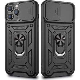 Gpack Apple iPhone 13 Pro Sert Silikon Tank Aramid Sürgülü Vega Yüzüklü Siyah Kılıf
