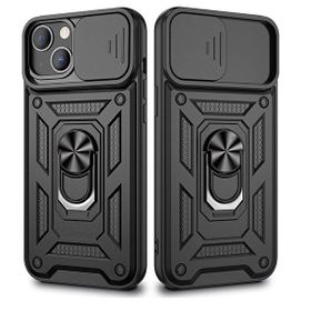 Gpack Apple iPhone 13 Sert Silikon Tank Aramid Sürgülü Vega Yüzüklü Siyah Kılıf