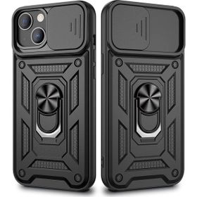 Gpack Apple iPhone 13 Sert Silikon Tank Aramid Sürgülü Vega Yüzüklü Siyah Kılıf