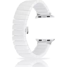 Gpack Apple Watch 4 5 42 mm Parlak Seramik Kaplama Yatay Görünüm Yandan Çıtçıt ZR Beyaz Kordon