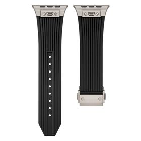 Gpack KRD113 Apple Watch 7 45 mm Çıtçıtlı Derin Çizgili Spor Tasarım Siyah Kordon