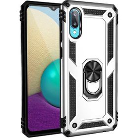 Gpack Samsung Galaxy A02 Vega Tank Koruma Standlı Yüzüklü Mıknatıslı Gümüş Cep Telefonu Kılıfı