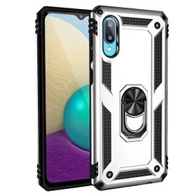 Gpack Samsung Galaxy A02 Vega Tank Koruma Standlı Yüzüklü Mıknatıslı Gümüş Cep Telefonu Kılıfı
