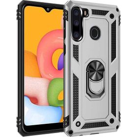 Gpack Samsung Galaxy A21 Tank Vega Standlı Yüzüklü Mıknatıslı Nano Glass Gümüş Cep Telefonu Kılıfı