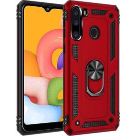 Gpack Samsung Galaxy A21 Tank Vega Standlı Yüzüklü Mıknatıslı Nano Glass Kırmızı Cep Telefonu Kılıfı
