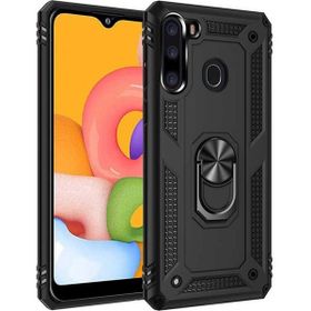 Gpack Samsung Galaxy A21 Tank Vega Standlı Yüzüklü Mıknatıslı Nano Glass Siyah Cep Telefonu Kılıfı