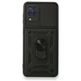Gpack Samsung Galaxy M12 Tank Aramid Sürgülü Vega Yüzüklü Siyah Kılıf