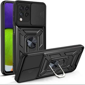 Gpack Samsung Galaxy M32 4G Tank Aramid Sürgülü Vega Yüzüklü Siyah Kılıf