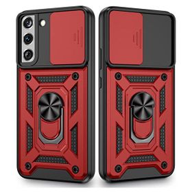 Gpack Samsung Galaxy S22 Plus Sert Silikon Tank Aramid Sürgülü Vega Yüzüklü Kırmızı Kılıf
