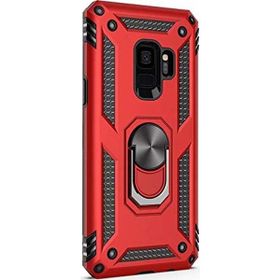 Gpack Samsung Galaxy S9 Plus Çift Katmanlı Tank Yüzüklü Mıknatıslı Vega Kapak Kırmızı Cep Telefonu Kılıf
