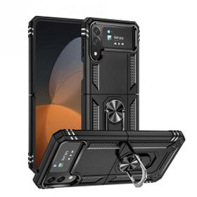 Gpack Samsung Galaxy Z Flip 4 Vega Sert Silikon Tank Standlı Yüzüklü Mıknatıslı Siyah Cep Telefonu Kılıfı