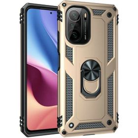 Gpack Xiaomi Poco F3 Vega Tank Koruma Standlı Yüzüklü Mıknatıslı Nano Glass Gold Kılıf