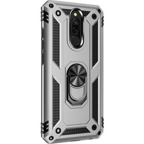 Gpack Xiaomi Redmi 8 Çift Katmanlı Tank Yüzüklü Mıknatıslı Vega Kapak Nano Glass Gümüş Cep Telefonu Kılıf