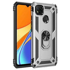Gpack Xiaomi Redmi 9C Tank Koruma Vega Standlı Yüzüklü Mıknatıslı Nano Glass Gümüş Kılıf