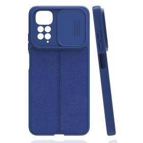 Gpack Xiaomi Redmi Note 11 Kamera Sürgülü Deri Dokulu Mat Silikon Lacivert Kılıf