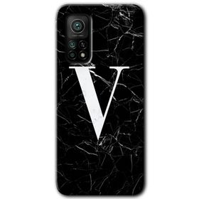 Gramaphone Mi 10T Pro Hd Desen Baskılı Arka Kapak Siyah Mermer Desenli V Harfi Kılıf