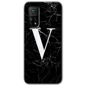 Gramaphone Mi 10T Pro Hd Desen Baskılı Arka Kapak Siyah Mermer Desenli V Harfi Kılıf