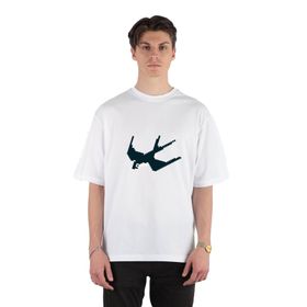 GreenMint Cute Swallow Pixel Art Unisex Beyaz Oversize T-shirt
