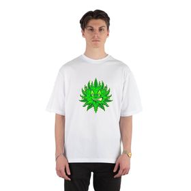GreenMint Cute Weed Leaf Emoticons Unisex Beyaz Oversize T-shirt