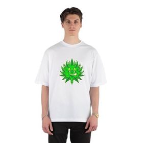 GreenMint Cute Weed Leaf Emoticons Unisex Beyaz Oversize T-shirt