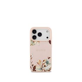 Guess Floral Serisi iPhone 17 Pro Taneli Çiçek Desenli Metal Logolu Magsafe Uyumlu Pembe Telefon Kılıfı