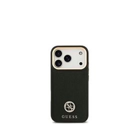 Guess Grained Serisi iPhone 17 Pro Taşlı 4G Logolu Magsafe Uyumlu Siyah Telefon Kılıfı