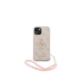 Guess iPhone 15 Magsafe Uyumlu Deri Bilek Askı İpli Yazı Logolu Pembe Telefon Kılıfı