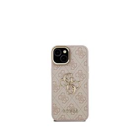 Guess iPhone 15 Pembe PU Deri Kamera Standlı Metal Büyük 4G Yazı Logolu Telefon Kılıfı