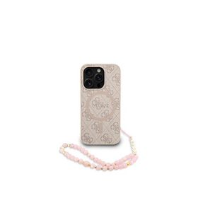 Guess iPhone 15 Pro Magsafe Uyumlu Deri Bilek Askı İpli Yazı Logolu Pembe Telefon Kılıfı
