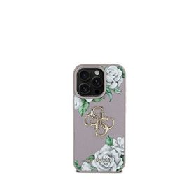 Guess iPhone 15 Pro Max 4G Logolu Gül Desenli Magsafe Uyumlu Mor Telefon Kılıfı