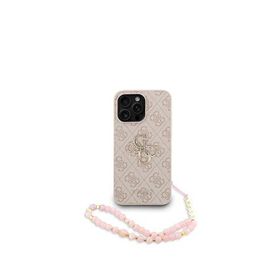 Guess iPhone 15 Pro Max Magsafe Uyumlu Deri Bilek Askı İpli Yazı Logolu Pembe Telefon Kılıfı