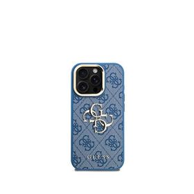 Guess iPhone 15 Pro Max Mavi PU Deri Metal Büyük 4G Yazı Logolu Telefon Kılıfı