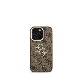 Guess Iphone 15 Pro Max Pu Deri Kamera Standlı Metal Büyük 4g Yazı Logolu Kahverengi Telefon Kılıfı
