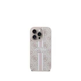 Guess iPhone 15 Pro Pembe Printed 4G Şerit Logolu Magsafe Uyumlu Telefon Kılıfı