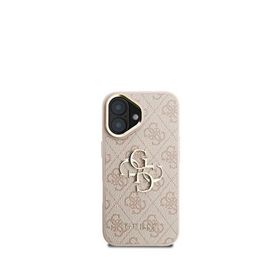 Guess iPhone 16 Plus Pembe Deri 4G Metal Logo Standlı Telefon Kılıfı