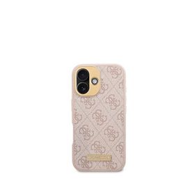 Guess iPhone 16 Plus Pembe Metal Plaka Logo Magsafe Uyumlu Telefon Kılıfı