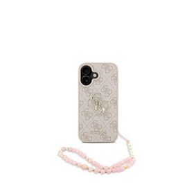 Guess iPhone 16 Plus Pembe PU Deri Bilek Askı İpli Metal Büyük 4G Yazı Logolu Telefon Kılıfı