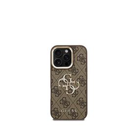 Guess iPhone 16 Pro Max Deri 4G Metal Logo Standlı Kahverengi Telefon Kılıfı