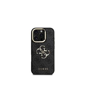Guess iPhone 16 Pro Max Siyah Deri 4G Metal Logo Standlı Telefon Kılıfı