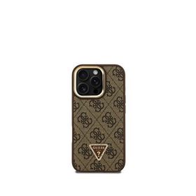 Guess iPhone 16 Pro Max Taşlı Logo 4G Desenli Kamera Standlı Kahverengi Telefon Kılıfı
