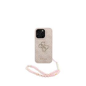 Guess iPhone 16 Pro Pembe PU Deri Bilek Askı İpli Metal Büyük 4G Yazı Logolu Telefon Kılıfı