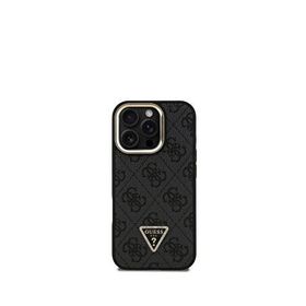 Guess iPhone 16 Pro Siyah Deri Taşlı Üçgen Logo 4G Desenli Kamera Standlı Telefon Kılıfı