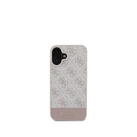 Guess iPhone 16 PU Deri Şerit Logo Dizaynlı Pembe Telefon Kılıfı