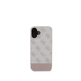 Guess iPhone 16 PU Deri Şerit Logo Dizaynlı Pembe Telefon Kılıfı