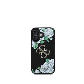 Guess iPhone 16 Siyah 4G Logolu Gül Desenli Magsafe Uyumlu Telefon Kılıfı