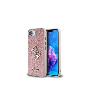 Guess iPhone 16E Pembe Glitter 4G Büyük Metal Logolu Telefon Kılıfı