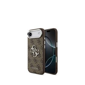 Guess iPhone 17 Air Gümüş Metal Kamera Çerçeveli 4G Desenli Metal Büyük Logolu Kahverengi Telefon Kılıfı